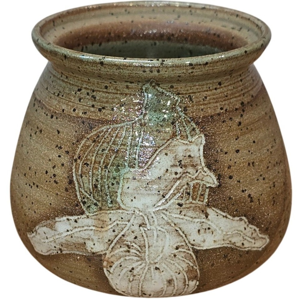 4" Clay jar pot vessel green tint lily flower speckled signed no cracks or chips